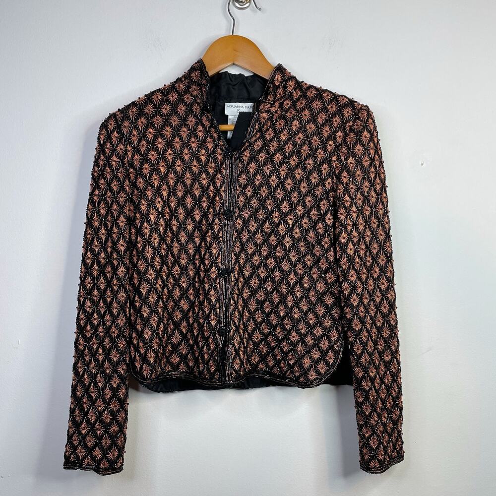 Adrianna Papell Evening 90s Silk Beaded Embroidered Jacket Celestial Copper S